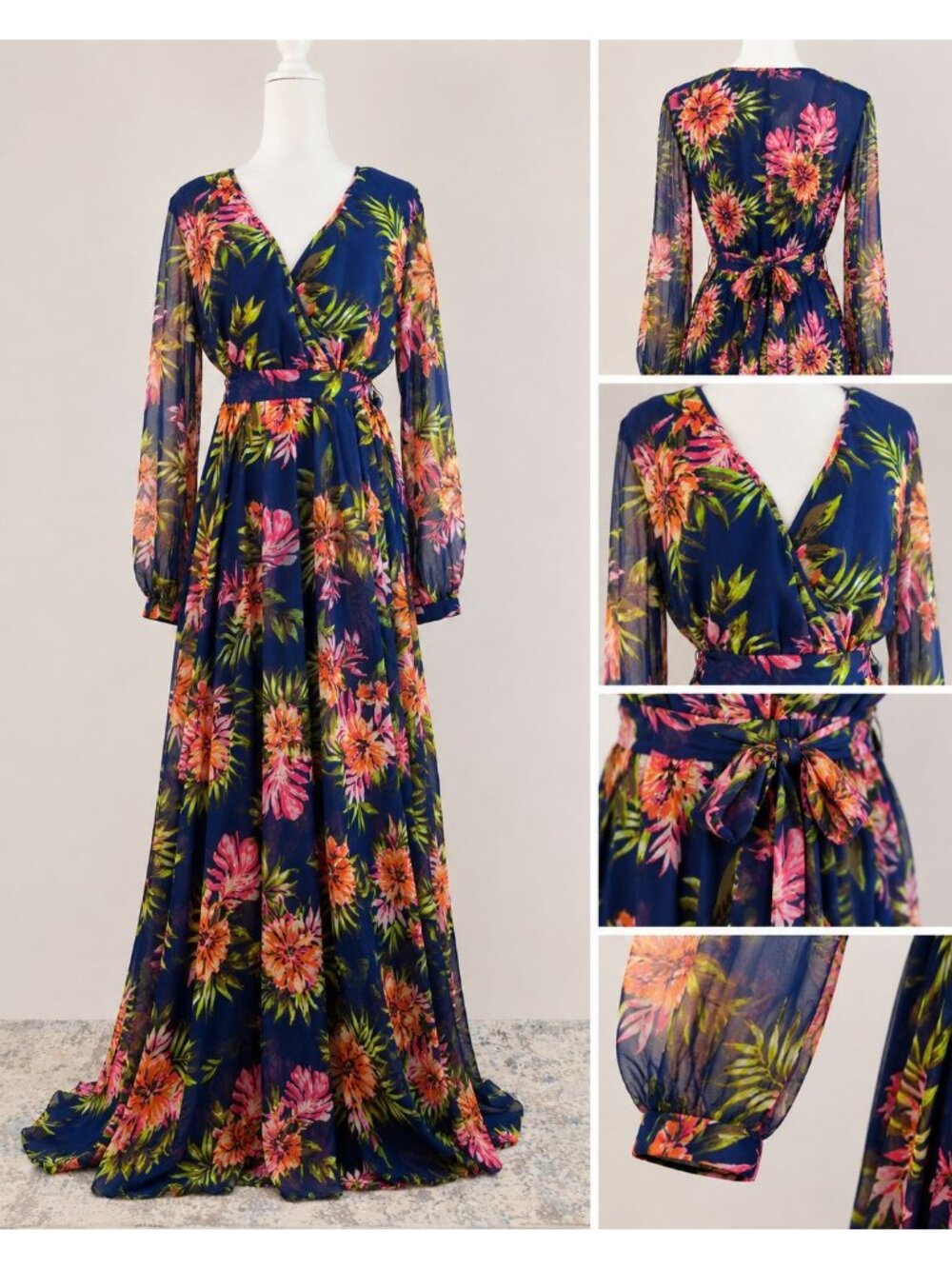 Renn Womens XL Tropical Floral Maxi Dress Blue Long Sleeve Belted NWT - Picture 2 of 16